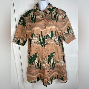 Las Surenas Brown Animal Leopard Print Short Sleeve Tunic Dress